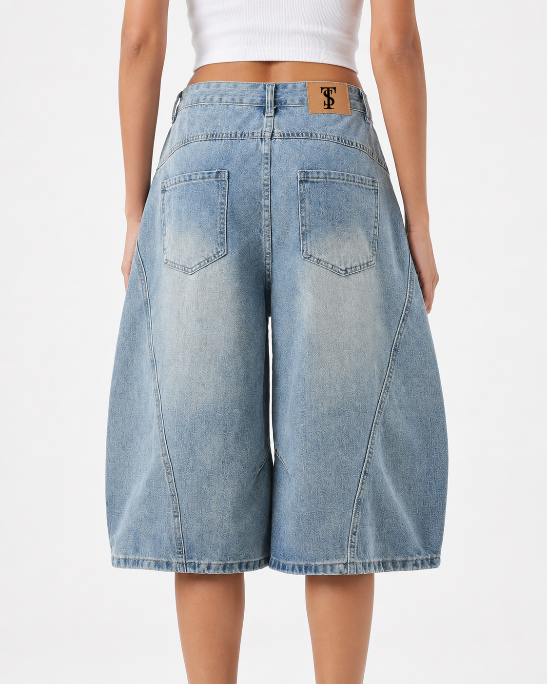 Wide-Leg Curved Blade Denim Shorts