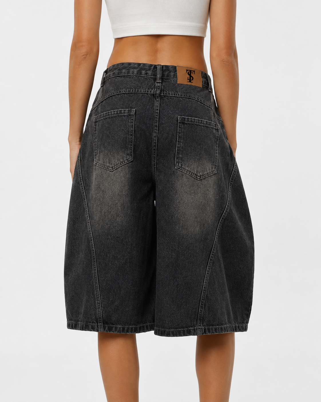 Wide-Leg Curved Blade Denim Shorts