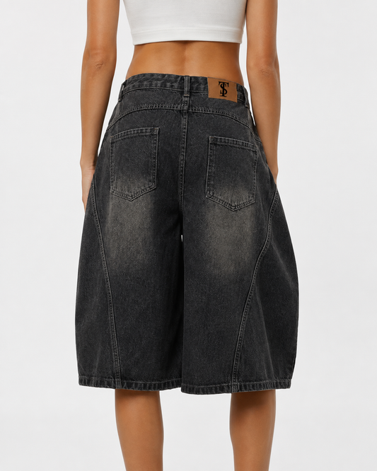 Wide-Leg Curved Blade Denim Shorts